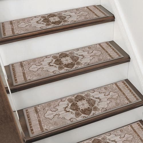 BEQHAUSE Stair Treads for Wooden Steps Non-Slip Indoor Stair Runner Washable Carpet for Stairs Self-Adhesive Stair Rug for Elders Kids and Pets, 8X30 in, 15 PCS, Classical Florals, Red/Brown