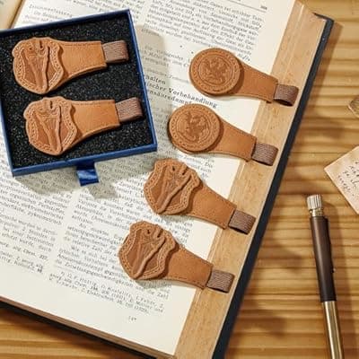 2 Pcs Leather Magnetic Bookmarks for Men,Vintage Sword and Dragon Pattern, PU Leather Bookmark, Gift Box Included