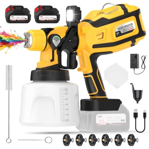 Cordless Paint Sprayer, 32000RPM Spray Paint Gun with 2×4000mAh Battery | Easy to Clean & Use, 3 Modes & 6 Nozzles, 1400ml Tank, LED Light, for House Wall Fence Furniture, Cabinets, Door, Desk, DIY — image 1