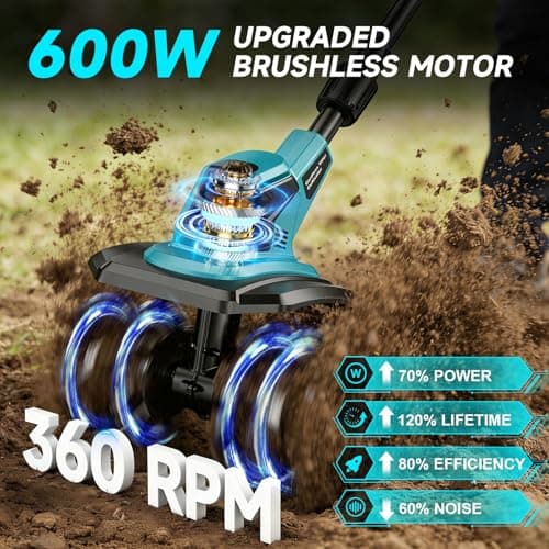 21V Cordless Tiller Cultivator, 360RPM Electric Garden Rototiller with 6000mAh Battery, 9In Tilling Width 6.6In Depth, Battery Powered Soil Cultivator for Garden Lawn Yard Planting view 3