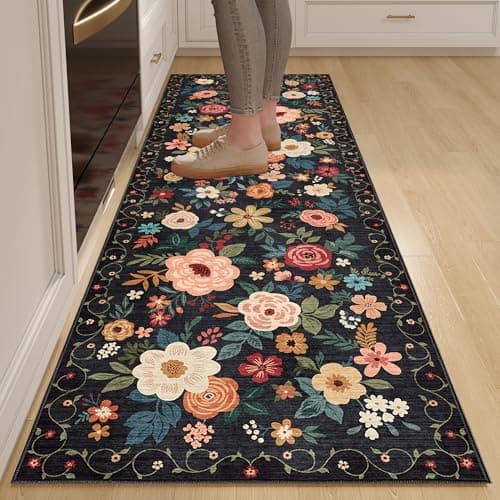 DUKINO 2x6 Runner Rug for Hallway, Washable Kitchen Runner Rug with Non Slip Backing, Low Pile Soft Boho Floral Runner for Kitchen, Hallway, Entryway, Laundry, Bedroom, Black view 1