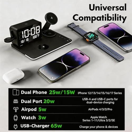 THL MagCharge 7-in-1 Magnetic Wireless Charging Station, 25W Rotatable Stand, Dimmable Ambient, Bluetooth Clock, 65W Adapter Included, for iPhone 17/16/15, Apple Watch, AirPods, Bedside Desk Charger view 2