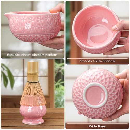 7Pcs Matcha Whisk Set, Matcha Set Whisk and Bowl,Bamboo Scoop, Scoop Rest, Sifter and Tea Towel, Matcha Kit W/Carved Cherry Blossm Pattern for Matcha Lovers (Sakura Pink) view 3