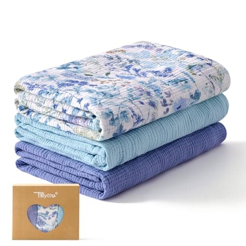 TILLYOU 3 Pack Muslin Swaddles for Newborns Baby Blankets for Girls Boys Cotton Swaddle Blankets 47"X47", Blue Flower — image 1