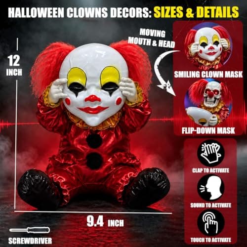 Scary Halloween Animatronics Clown Decoration for Haunted House Party Decor | Spooky Sound & Touch Activated Skull Face Ripping Clown Prop with Red LED Eyes, Indoor Outdoor Yard Holiday Porch Party Favor view 4