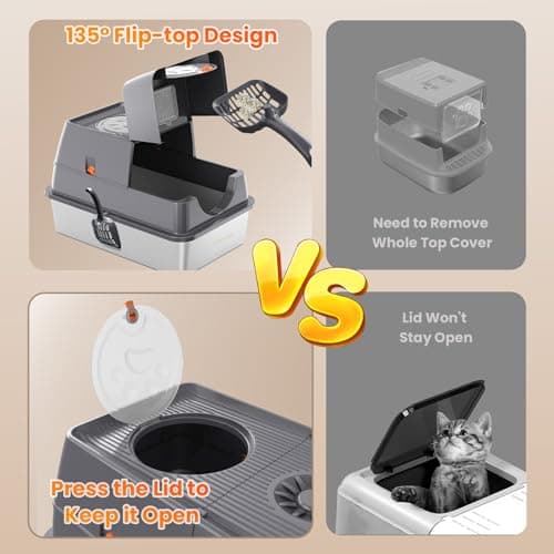 HAPAW 135° Flip-Top Stainless Steel Litter Box with Lid, Extra Large Enclosed Cat Litter Box, Metal Litter Pan with Front & Top Entry, Odor Control, Scoop & Filter Pedal view 3