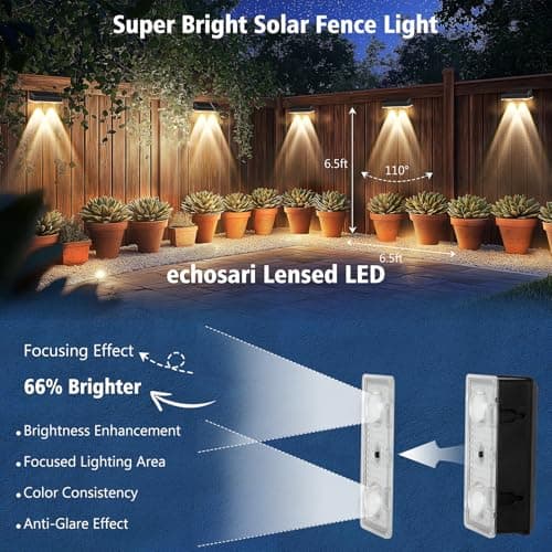 echosari Solar Fence Lights 8 Pack, 100 Lumen Ultra Bright Solar Wall Lights Outdoor Waterproof Lighting Auto ON/Off for Backyard Patio Railing Porch Step (2700K Warm White) view 6