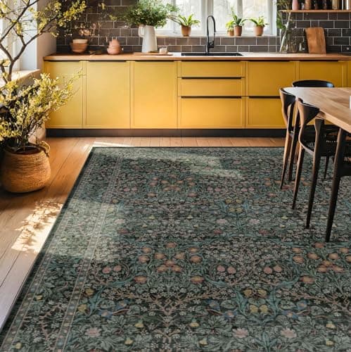 Vintage Dark Green Living Room Rug, 8x10 Washable Area Rugs for Dining Room Under Kitchen Table, Bedroom, Oriental Low Pile Stain Resistant Non-Slip Large Carpet (8x10 Dark Green) view 4