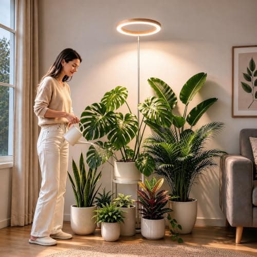 10in Indoor Plant Grow Light, Full Spectrum Grow Lights for Indoor Plants | Wood Grain Large Plant lights, Timer 4/8/12/18H & Dimmable, 16"-66" Height Adjustable, 160 LEDs, House Decor Halo Grow Lamp — image 1