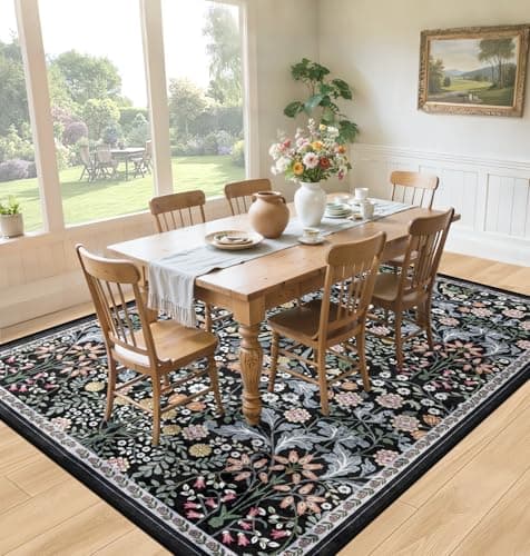 Area Rugs 9x12 Living Room: Floral Washable Rug Vintage Large Soft Boho Non-Slip Carpet Indoor Stain Resistant Low Pile Carpets for Bedroom Dining Room Farmhouse Nursery Hallway Home Office Dark Black view 4
