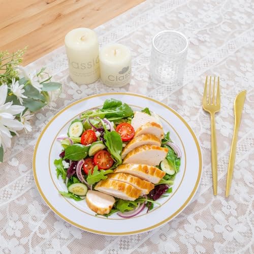 PULOTE 100PCS Gold Plastic Plates - 10 Inch White with Gold Trim Plastic Dinner Plates Disposable for Dinenr, Party, Wedding & Thanksgiving view 5