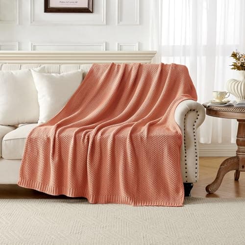 Joydeco Chunky Cable Knit Throw Blanket, Lightweight 100% Cotton Soft Cozy Throw Twin Blanket for Couch Bed and Sofa, Rustic Breathable Farmhouse Blanket Gift for Women Men(Burnt Orange, 60"x80") view 2