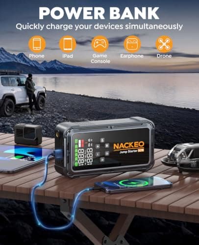 NACKEO 8000A Jump Starter with Air Compressor, 160PSI Portable Car Jump Starter for All Gas & 12L Diesel, Jump Box with Auto-Shutoff Tire Inflator, Large LCD Display, Jumper Cables & 600LM LED Light view 6