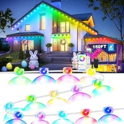 MUCCCUTE Permanent Outdoor Lights for Easter150ft RGB + IC Eaves Lights with App & Remote Control, Outdoor String LED IP67 Waterproof for Holidays New Year July 4th Roof Eaves House Garden Decor
