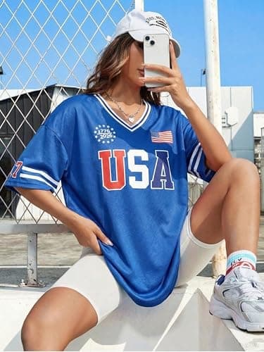 MYHALF 250th Anniversary USA Jerseys for Women - 4th of July Shirts American Flag Graphic Tee Patriotic Baseball Outfits view 4