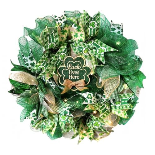 Presentastic 18 Inch St. Patrick's Day Decorations Wreath, Handcrafted Shamrock Wreath for Front Door with Light, Clover Artificial Design, Lucky Irish Porch Decor, Wall, Entry, Party Holiday Display