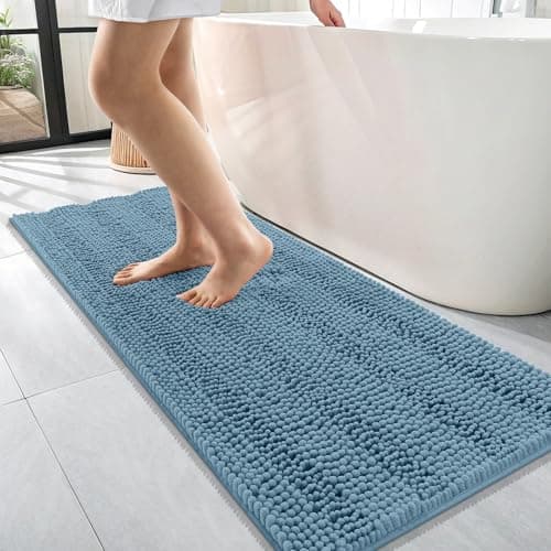 OLANLY Thick Bathroom Runner Rugs 47x17, Extra Absorbent Chenille Striped Bath Rugs, Rubber Backing, Machine Wash Dry, Long Bath Mats for Bathroom, Tub and Shower, Home Decor Accessories, Airy Blue view 1