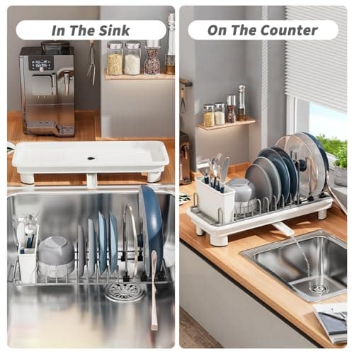 SanDream Small Dish Drying Rack with Removable Utensil Holder & Anti-Scratch Base - Stainless Steel Dish Rack, Dish Drying Rack with Drainage & Space Saving Design for Kitchen Counter, White view 3