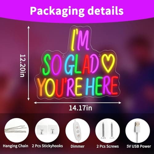 I'm So Glad You're Here Neon Sign, Letter Neon Signs for Wall Decor Dimmable Light up Sign, Classroom Wedding Kids Room Store Home Neon Decor 14.17 x 12.2 inch view 2