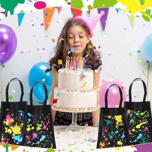 Hosuly 24 Pieces Neon Party Favor Bags Glow Gift Bags Glow in the Dark Candy Pouches Non Woven Graffiti Party Goodie Pouches with Handle for Boy Girl Neon Theme Birthday Supplies Decoration view 7