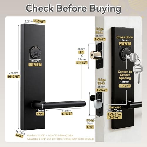 Silmium Heavy Duty Front Door Lock Set, Modern Exterior Door Handle, Non-Handed Entry Door Locksets with Deadbolt, Keyed Alike, Single Cylinder, 250,000+ Cycles, 5-1/2" (140mm) CTC, Matte Black view 2