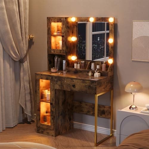 Garvee Vanity Desk with Mirror & Lights – Adjustable RGB & White Lighting – 2 Acrylic-Door Cabinets, 2 Open Shelves, Drawers, Built-in Power Outlet & USB Ports – Makeup Vanity Table for Bedroom view 4