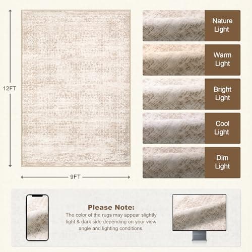 Area Rugs 9x12 Living Room Rug: Washable Rug Soft Vintage Boho Carpet Indoor Floor Non-Slip Stain Resistant Large Carpets for Bedroom Dining Room Farmhouse Nursery Home Office Beige view 2
