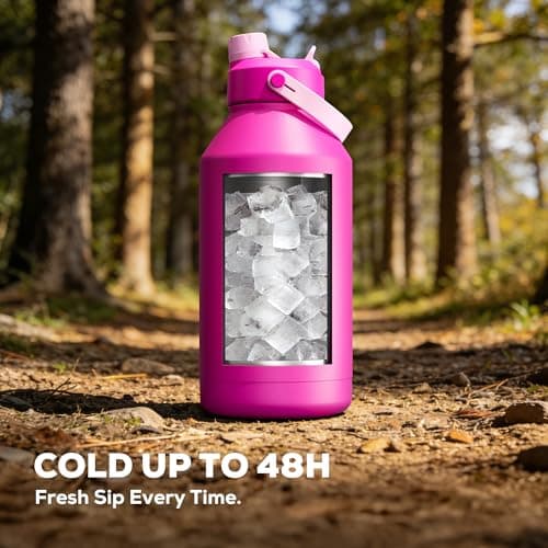 POWCAN 64 oz Insulated Metal Water Bottle for Women: 2-in-1 Straw & Spout Lid, Keep Cold 48H, Leakproof, Carrier Bag, Half Gallon Stainless Steel Water Bottle for Sports, Travel, and Fitness (Peony) view 2