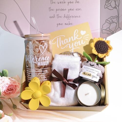 Thank You Gifts for Women Appreciation Gift Basket Sunflower Scented Candle Glass Cup Crochet Decor Unique Set for Coworkers Teacher Employee Volunteer Social Worker Paraprofessional view 2