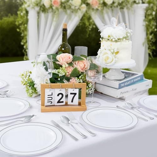 PULOTE 100PCS Silver Plastic Plates - 10 Inch Heavy Duty White with Silver Trim Plastic Dinner Plates Disposable for Dinenr, Party, Wedding & Christmas view 4