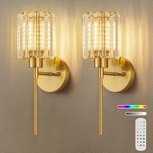 Crystal Battery Operated Wall Sconces, Brushed Gold Rechargeable Wireless Wall Sconce Lights with Dimmable Bulbs and Remote, 12 Colors and 3CCT Dimmable Crystal Lamps for Living Bedroom, 3000~6000K view 1