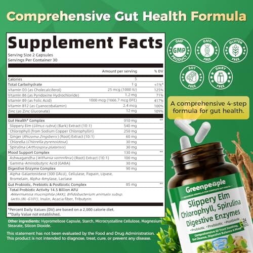 GREENPEOPLE Digestive Enzymes for Women & Men - Gentle Gut Health & Cleanse Capsule with Slippery Elm, Chlorophyll, Spirulina, Probiotics Complex - Complete Sensitive Gut Supplement 60 Ct 30 Days Use view 2