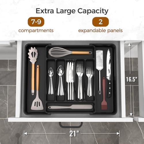 ukeetap Extra Large Expandable Silverware Organizer, BPA-Free Food-Safe Cutlery Flatware Organizer, Kitchen Utensil Drawer Organizer, Adjustable Silverware Holder for Spoons Forks Knives, Black view 2