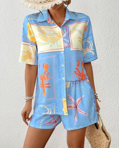 Bsubseach 2 Piece Short Sets for Women Tropical Printed Short Sleeve Button Down Shirt and Shorts Summer Beach Vacation Set view 4