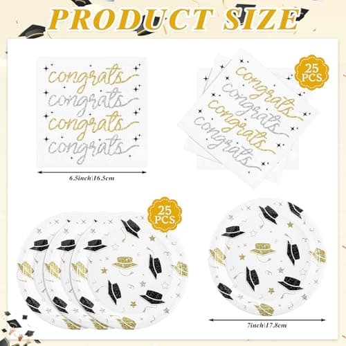 NatNarr 2026 Graduation Plates and Napkins, 50 Pcs Black and Gold Graduation Decorations with 7 Inch Grad Dessert Cake Plates，6.5 Inch Napkins for Class of 2026 Kindergarten Middle High College School view 3