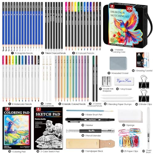 106 PCS Art Supplies Sketching Kit, Pro Drawing Pencils with 3-Color Sketchbook, Coloring Book, Colored Graphite Charcoal Watercolor & Metallic Pencils, Drawing Supplies Gifts for Artists Adults view 3
