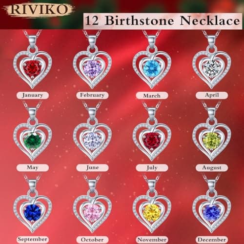 RIVIKO Heart Birthstone Pendant Necklace for Women 925 Sterling Silver Zirconia Necklaces Valentine's Day Anniversary Birthday Mothers Day Jewelry Gifts For Her Mother Wife view 5