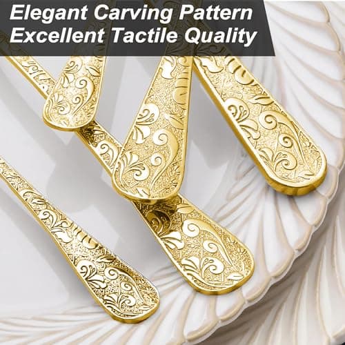 Runfly Vintage Carved Gold Stainless Steel 20 Pieces Flatware Set, Golden Silverware Set, Modern Embossed Cutlery Set Utensils Including Fork Spoon and Knife view 7