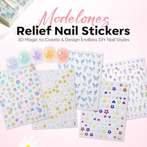 modelones Flower Nail Stickers, 3D Embossed Colorful Floral Daisy Heart Bunny Nails Supplies Flower Nail Art Design for Spring Easter Manicure DIY Nail for Women & Kids 5Pcs view 6