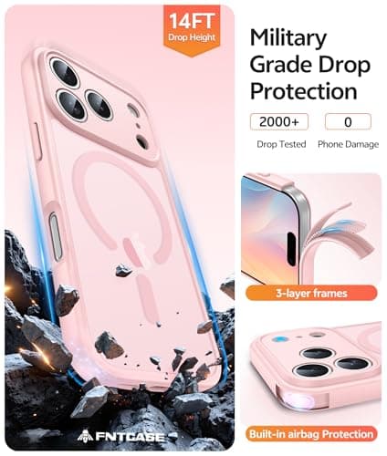 FNTCASE for iPhone 17 Pro-Max Case: [Compatible with Magsafe] Translucent Matte Cases with [Full Camera Protection] [Screen Protector] Military Grade Shockproof Protective Phone Cover - Light Pink view 5