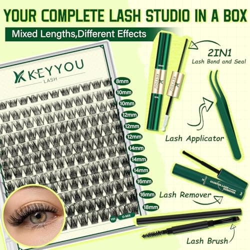 KEYYOU Lash Clusters Kit Natural Wispy DIY Lash Extension Kit 144pcs Lashes Clusters Eyelash Extension with Mascara Brush Bond and Seal Glue Remover Applicators and Brush for Lashes Extensions (Y01) view 4