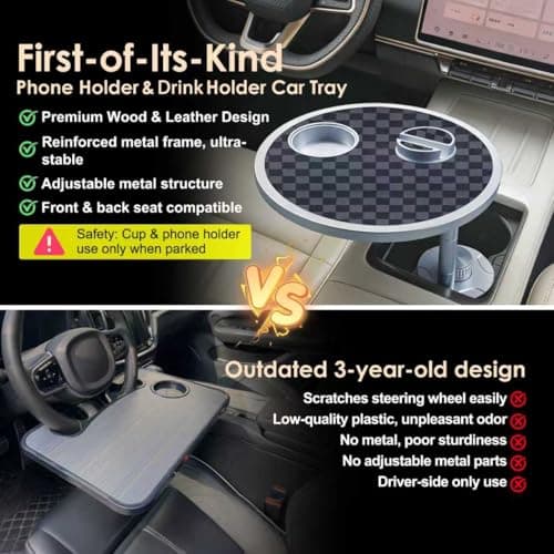 Car Food Tray & Car Table Tray with Car-Grade Aluminum Cup Holder & Phone Stand, Premium Wood with Leather Surface, 360° Rotating Car Desk for Laptop &Eating (Round, Black&Grey) view 2