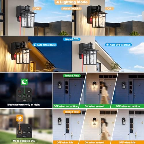 Porch Light with GFCI Outlet with Remote,Dusk to Dawn Motion Sensor Outdoor Light,Upgraded 4 Lighting Modes Black Front Door Light,Waterproof Outside Lights for House Patio Garage Entryway, 2 Pack view 4