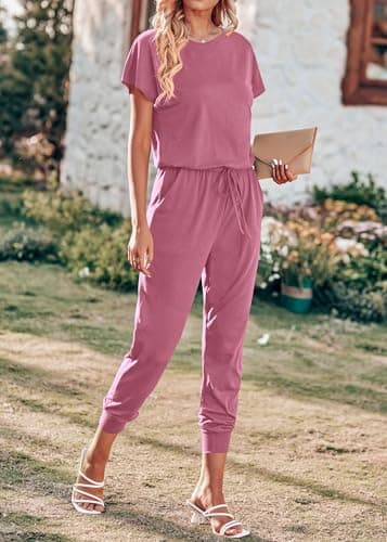 KIRUNDO Jumpsuits for Women Summer 2026 Casual Short Sleeve One Piece Outfits Drawstring Waist Long Pants Romper Jumpers view 5