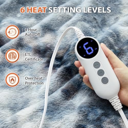 HYLEORY Weighted Electric Heated Throw Blanket, Plush Fluffy Faux Fur Blankets with 6 Heat Settings & 9H Auto Shut Off, Soft Cozy Warm Heating Blanket for Winter Sofa Bedroom Office,Gray,50"x60" view 4