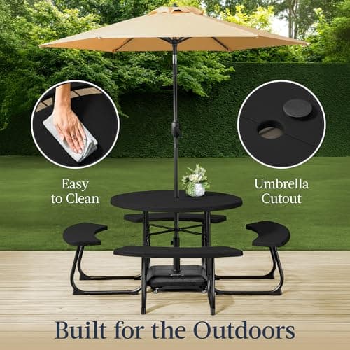 Best Choice Products 8-Person Outdoor Bench Patio Picnic Table, Circular w/ 4 Built-in Benches and Umbrella Hole, 2000lb Capacity - Black view 4