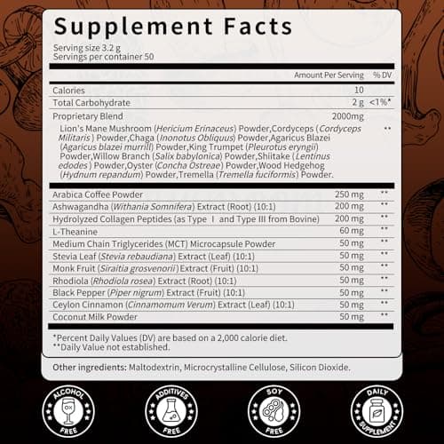 Catfit Instant Mushroom Coffee Powder, 10-in-1 Adaptogen Blend with Lion's Mane, Chaga & Cordyceps for Energy, Focus, Gut Health & Immune Support - 160g, 50 Servings view 2