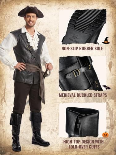 FancyFun Medieval Pirate Boots Men, Renaissance Boots Gothic Cosplay Shoes | PU Leather, Plush Lining, Wide Calf, Knee-High & Non-Slip, Rivet Accents & Calf-Buckle, with Boxes, Soft & Sturdy view 5