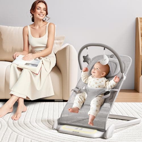 Derson Baby Bouncer, Portable Baby Bouncer Seat for Babies 0-6 Months, Infant Bouncer Chair Newborn with 8 Soothing Music, Foldable, Natural Vibrations (Gray) view 2