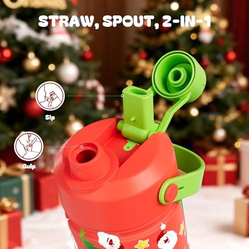12 oz Kids Christmas Insulated Water Bottle: 2-in-1 Straw Spout Lid, Leakproof, BPA-Free, Keep Cold 24H, Stainless Steel Cup with Carrier Bag for Party, Travel, Holiday Gift (Santa's Jolly Wishes) view 4